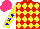 Silk - Red, yellow diamonds, sleeves, blue stars, hot pink cap