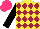 Silk - Yellow, maroon diamonds, black sleeves, hot pink cap