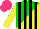 Silk - Green, yellow diagonal halves, black stripes, yellow sleeves, hot pink cap