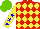 Silk - Red, yellow diamonds, sleeves, blue stars, light green cap