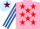 Silk - Pink, Red stars, Royal Blue and White striped sleeves, Light Blue cap, Maroon star