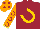 Silk - Maroon, gold horseshoe, orange sleeve, maroon horseshoes, yellow cuffs, orange cap, maroon circles