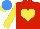 Silk - Red, blue heart, yellow heart, sleeves cornflower blue, yellow cuffs, cap red, cornflower blue quartered, yellow peak