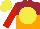 Silk - maroon and orange halved horizontally, yellow disc, red sleeves, yellow cap