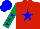 Silk - red, blue star, emerald green sleeves, blue stars, blue cap