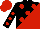 Silk - black and red halved diagonally, red spots, black sleeves, red spots, red cap