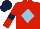 Silk - red, light blue diamond, dark blue armlets on sleeves, dark blue cap