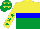 Silk - Yellow and emerald green halved horizontally, blue hoop, yellow sleeves, emerald green stars, emerald green cap, yellow stars