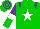 Silk - Green, purple epaulettes, white star, purple sleeves, green halves, white armlets, green cap, purple hoops