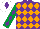 Silk - Purple and orange diamonds, emerald green sleeves, purple diamonds, white cap, purple diamond