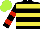 Silk - Black, lime and yellow hoops, black sleeves,red hoops,cap