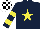 Silk - Dark blue, yellow star, hooped sleeves, white and black check cap