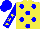 Silk - yellow, blue dots, blue sleeves with yellow stars, blue cap