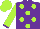 Silk - Purple, lime green dots, purple cuffs on lime green sleeves, lime green cap