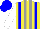Silk - yellow and grey striped, blue braces, white sleeves blue cap