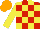 Silk - Red and yellow checked, yellow sleeves, orange cap