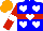 Silk - Blue, red hoop, white hearts, red sleeves, white armlets, orange cap