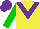 Silk - yellow, purple chevron, green sleeves, purple cap