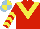 Silk - Red, light blue v, yellow chevron, yellow chevrons on red sleeves, light blue and yellow quartered cap