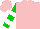 Silk - Pink, hunter green castle emblem, white hoops on green sleeves, pink cap