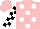 Silk - Pink, white polka-dots, black, white and pink ball emblem on back, black and white checked sleeves