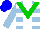 Silk - Light blue, green 'v', white stripe and horizontal stripes (3) on light blue sleeves, blue cap