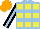 Silk - Light blue and yellow squares, light blue stripe on black sleeves, orange cap