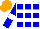 Silk - White and blue squares, blue sleeves, white armbands, orange cap