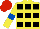 Silk - Yellow and black squares, yellow sleeves, royal blue armbands, red cap