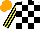 Silk - White, black check, yellow sleeves, black stripes, orange cap