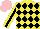 Silk - Yellow and black diamonds, black stripe on yellow sleeves, pink cap