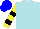 Silk - Powder blue, circled 'mach 38', black bands on yellow sleeves, blue cap
