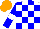 Silk - White and blue checked, blue sleeves, white armlets, orange cap