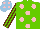 Silk - Light green, pink spots, light green and brown striped sleeves, light blue cap, pink spots
