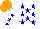 Silk - White, scattered blue stars, blue stars on sleeves, orange cap