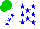 Silk - White, scattered blue stars, blue stars on sleeves, green cap