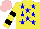 Silk - Yellow, blue stars (5), black bands (3) on sleeves, pink cap