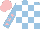 Silk - Light blue and white checks, pink stars on light blue sleeves, pink cap