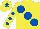 Silk - Yellow, large royal blue spots, royal blue spots on sleeves, royal blue star on cap