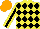 Silk - Yellow and black diamonds, black stripe on yellow sleeves, orange cap