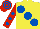 Silk - Yellow, large royal blue spots, red sleeves, royal blue spots, red & royal blue hooped cap