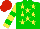 Silk - Green, yellow stars, yellow sleeves, green hoops, red cap