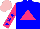 Silk - Blue, hot pink triangle, blue stars on hot pink sleeves, pink cap