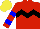 Silk - Red, black chevron hoop, red sleeves, blue hoops, yellow cap