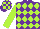 Silk - purple and lime diamonds, lime sleeves, checked cap