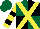 Silk - Dark green and black quarters, yellow cross sashes, black bars on yellow sleeves