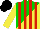 Silk - Green, yellow diagonal halves, red stripes, yellow sleeves, black cap