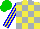 Silk - Yellow, silver checks, blue stripes on yellow sleeves, green cap