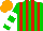 Silk - Green and red stripes, green sleeves, white hoops, orange cap