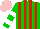 Silk - Green and red stripes, green sleeves, white hoops, pink cap